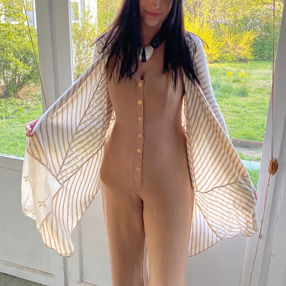 POGUE Jumpsuit tie-back flare linen natural coffee - Picture 3 of 11